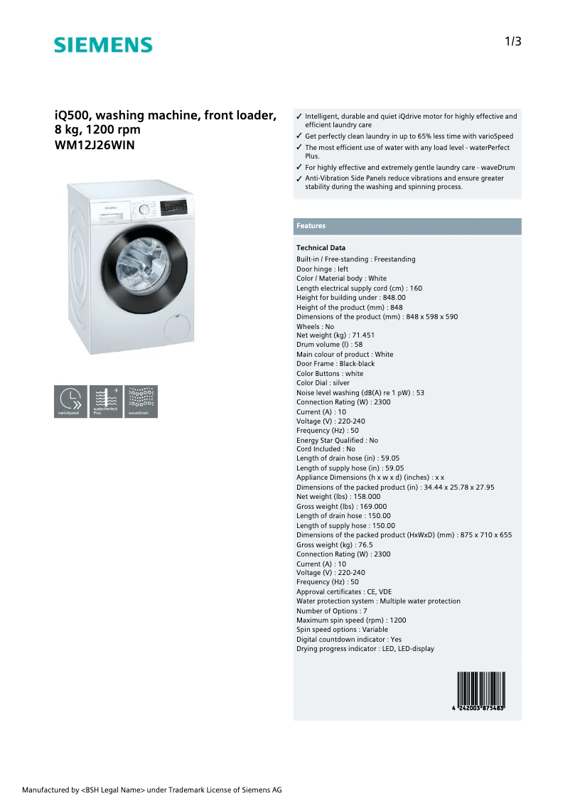 First page image of the manual for WM12J26WIN