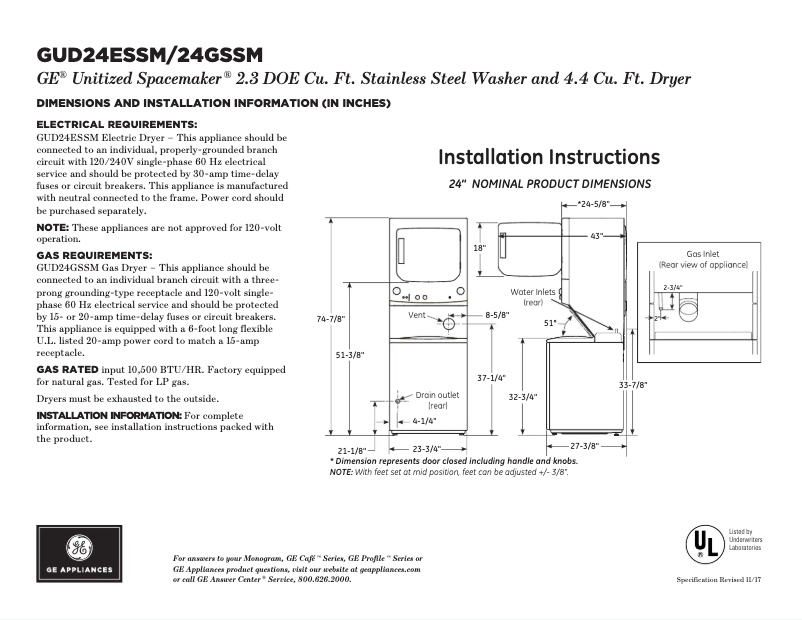 Page 1 of the manual Technical Sheet GE GUD24GSSMWW