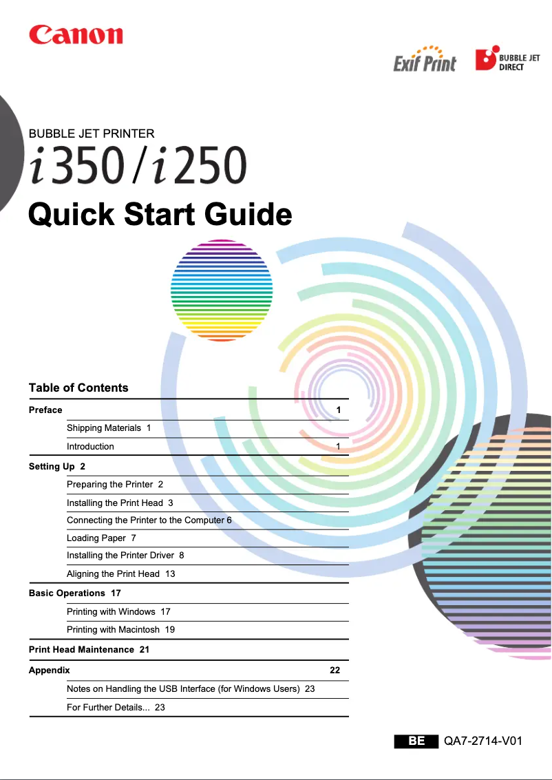 Page 1 of the manual Quick Start Guide Canon Bubble Jet i250
