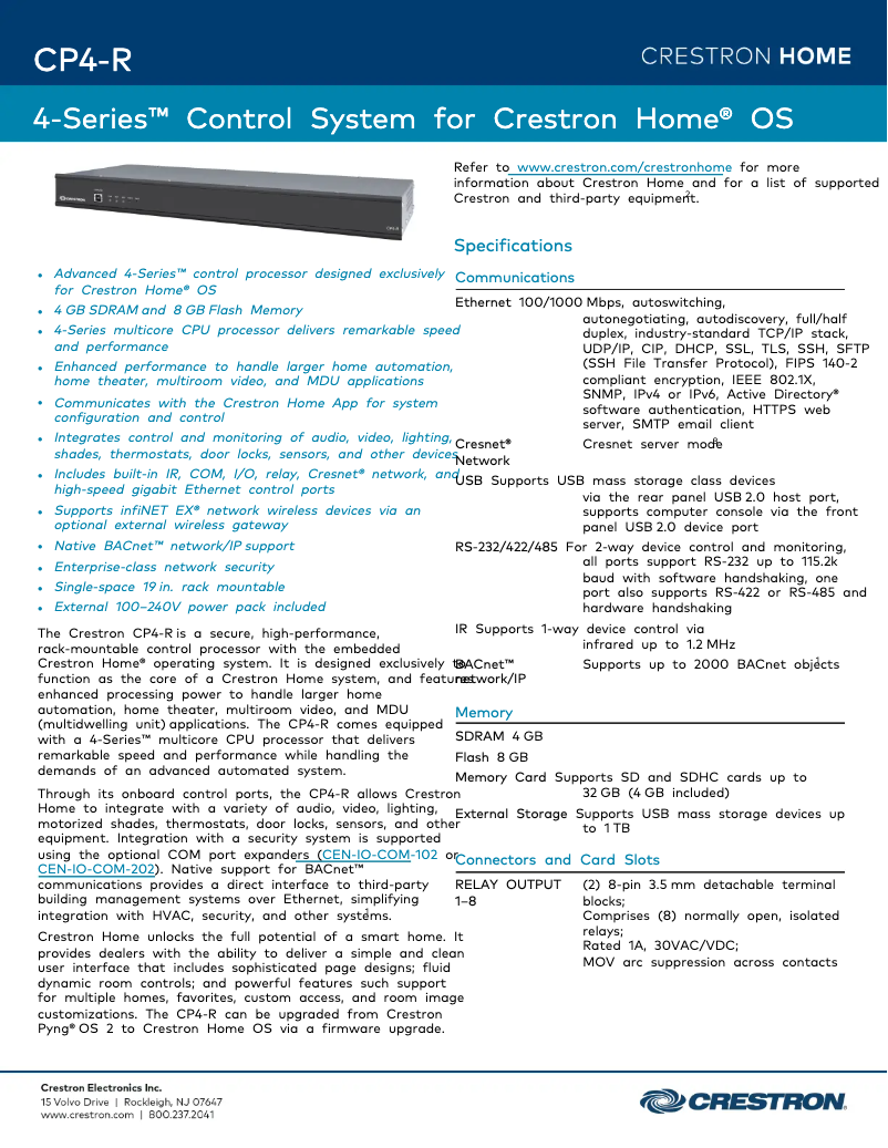 Page 1 de la notice Fiche technique Crestron CP4-R