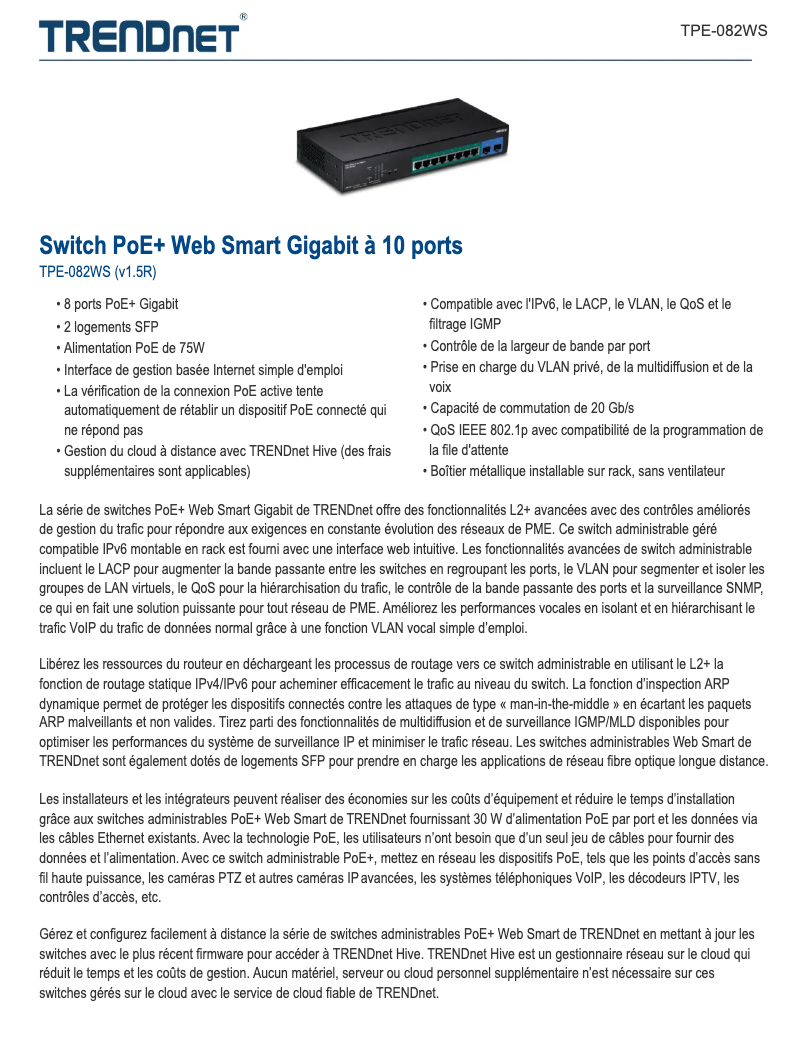 Page 1 of the manual Technical Sheet TRENDnet TPE-082WS