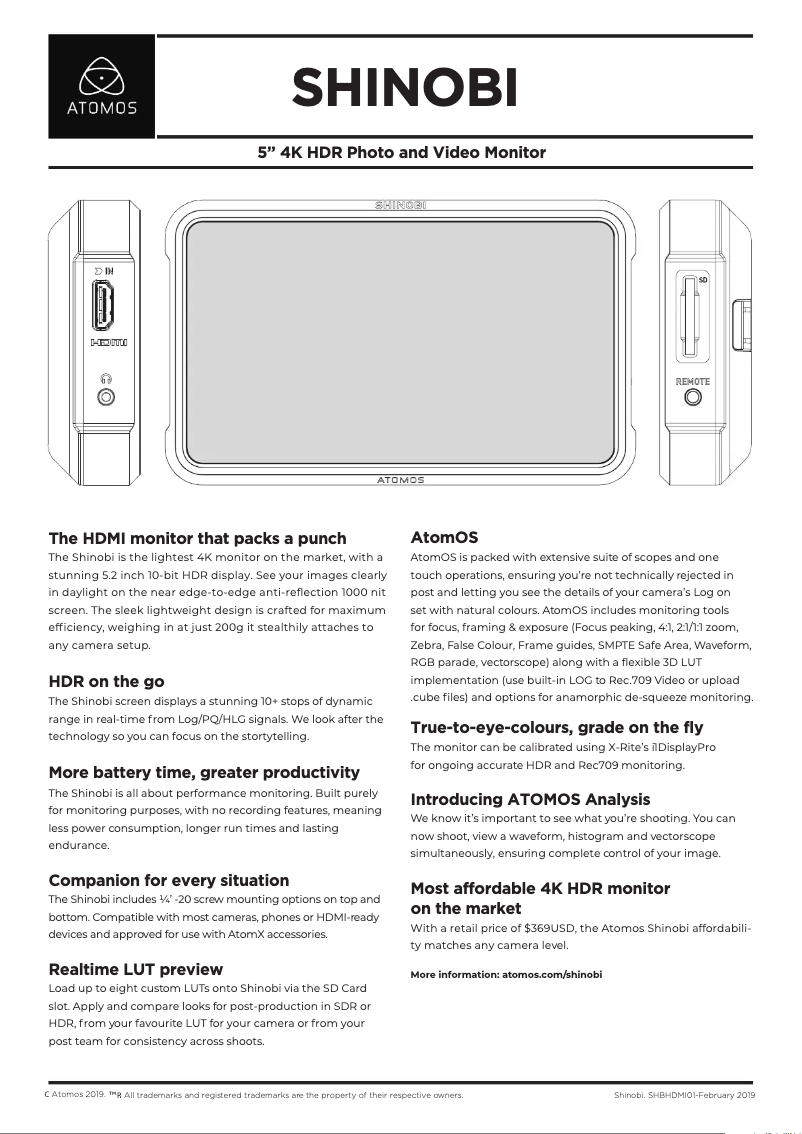 Page 1 of the manual Technical Sheet Atomos Shinobi