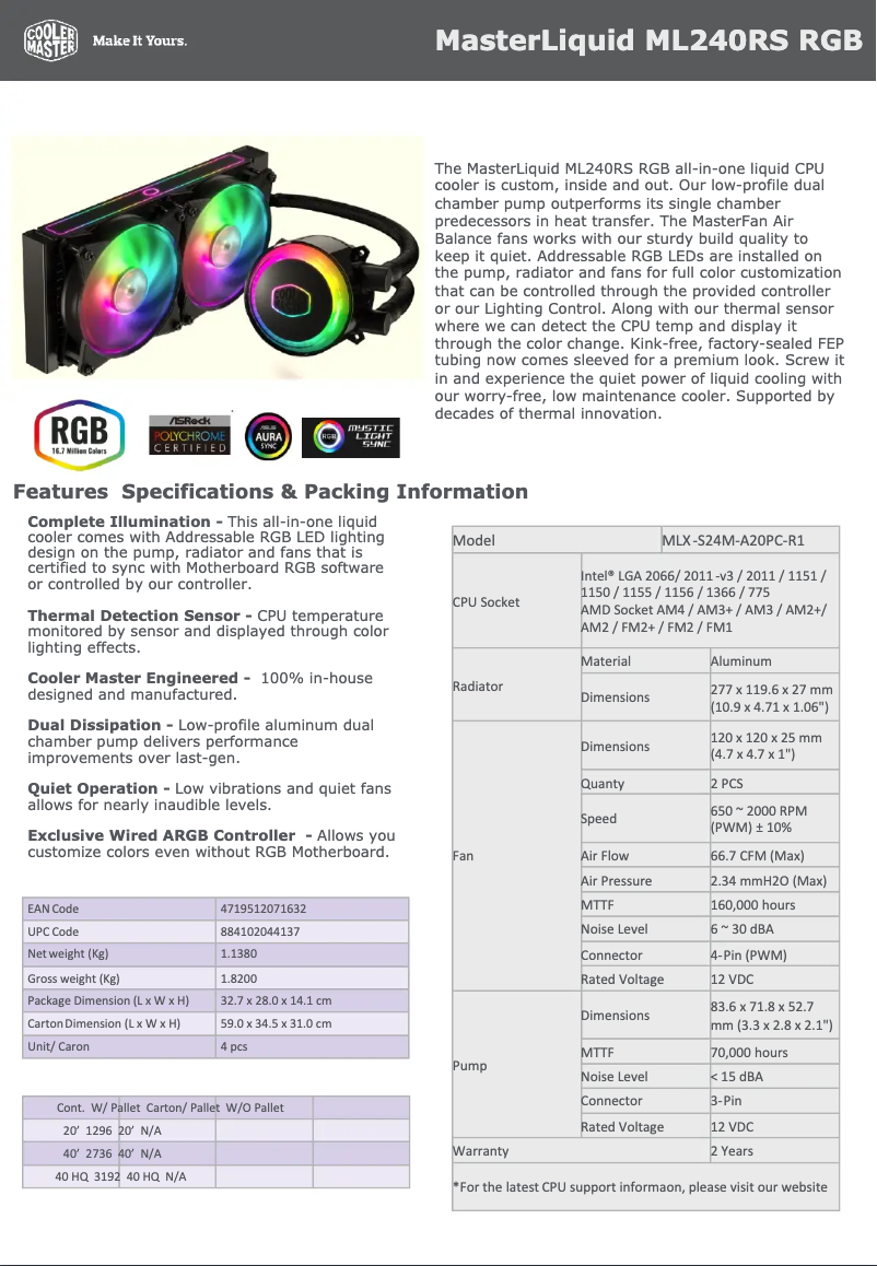 First page image of the manual for MasterLiquid ML240RS RGB