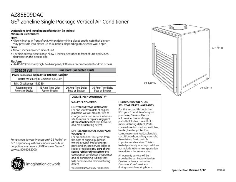Page 1 of the manual Technical Sheet GE AZ85E09DAC Zoneline