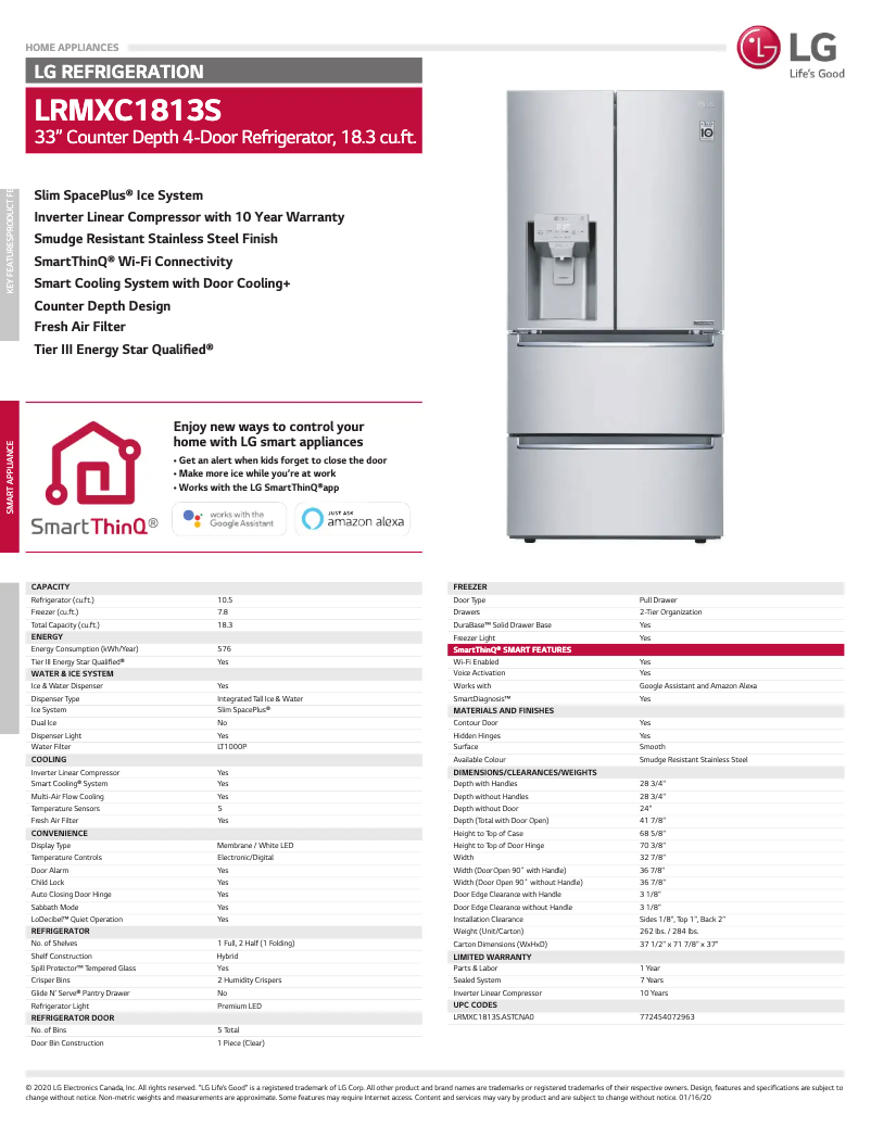 Page 1 of the manual Technical Sheet LG LRMXC1813S