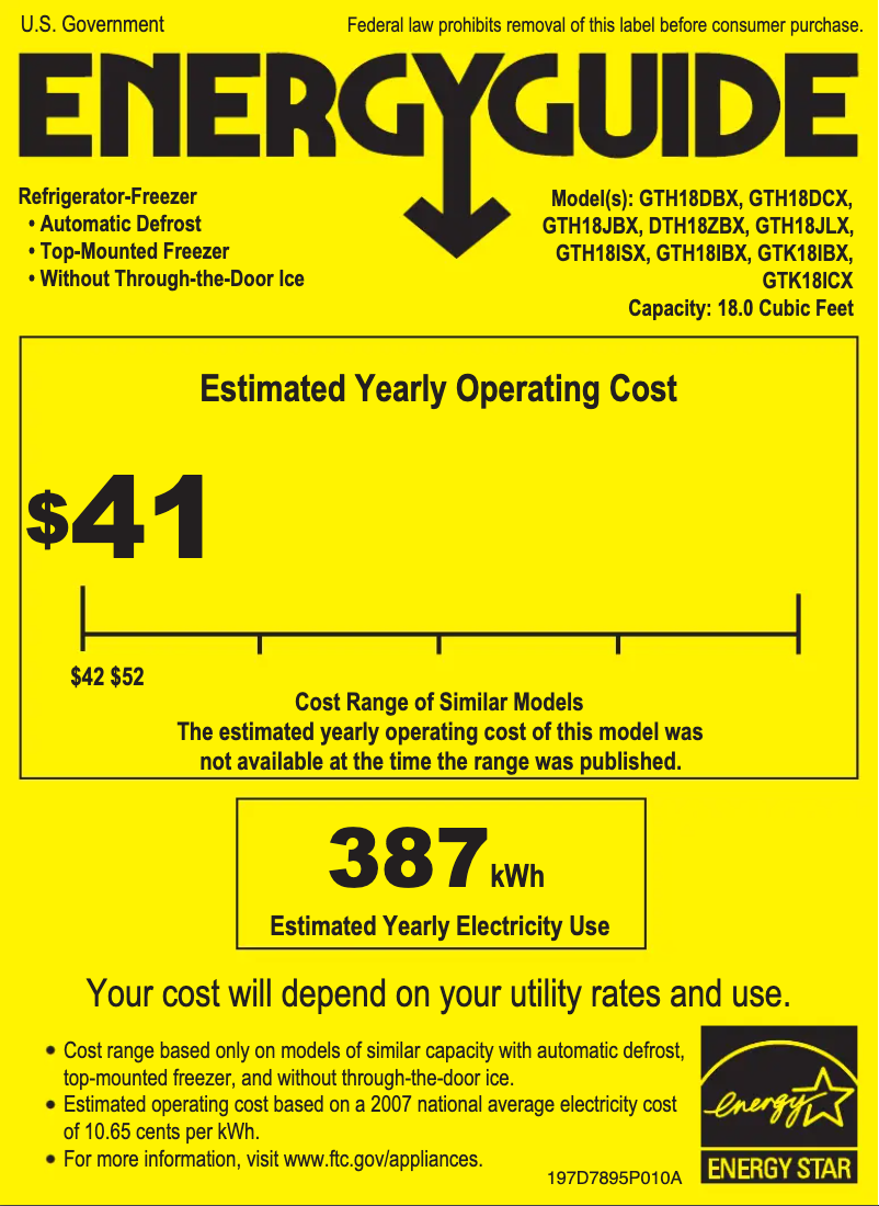Page 1 of the manual Energy Label GE GTH18DCXRBB