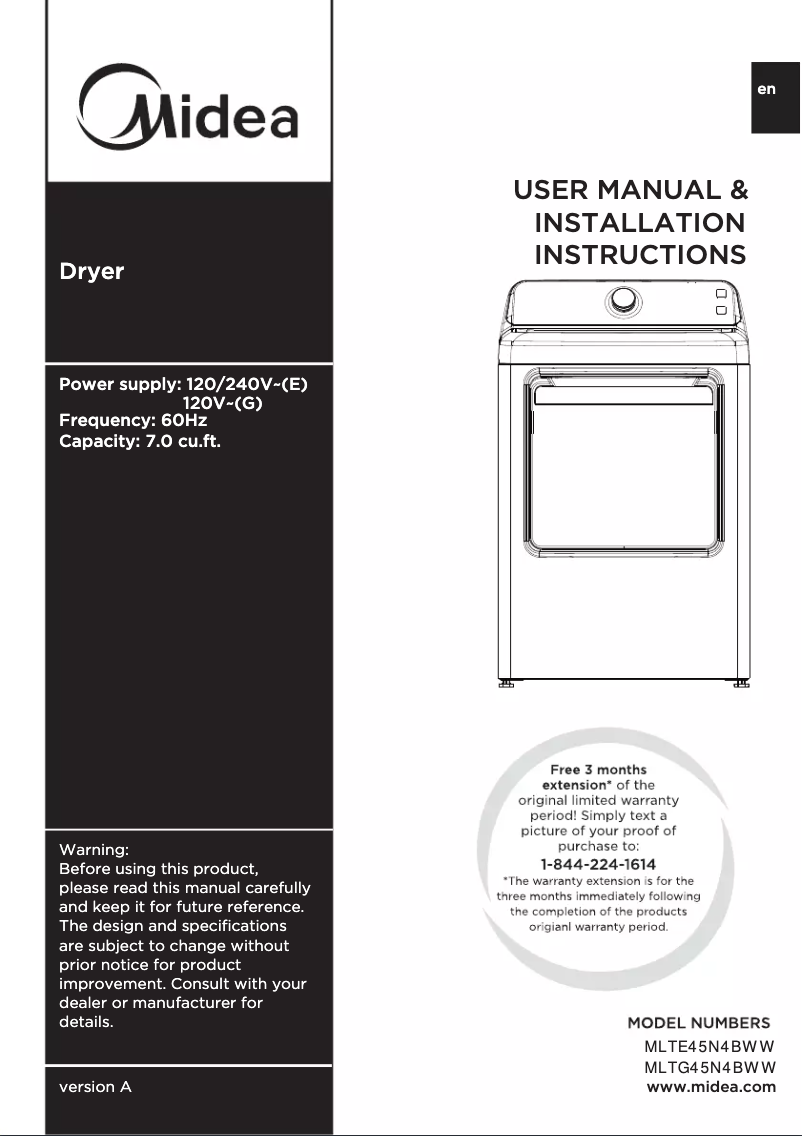 Page 1 of the manual User Manual Midea MLTE45N4BWW