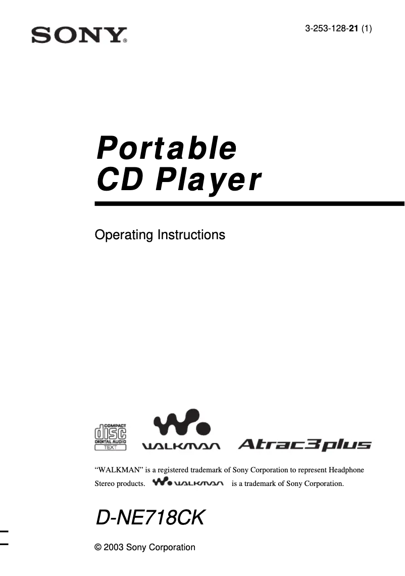 First page image of the manual for Walkman D-NE718CK