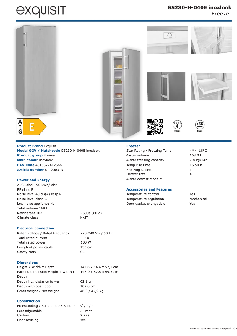 Page 1 of the manual Technical Sheet Exquisit GS230-H-040E