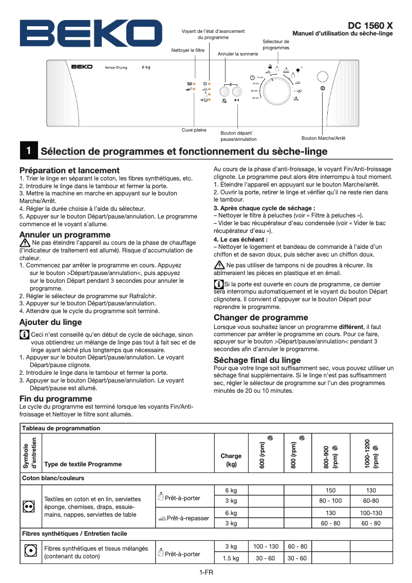 Page 1 of the manual User Manual Beko DC 1560 X