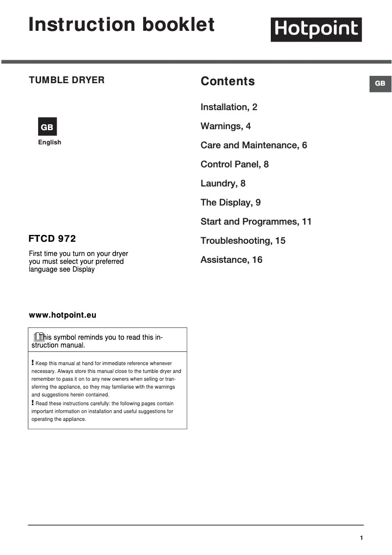 Page 1 of the manual User Manual Hotpoint FTCD 972 6PM1 (UK)