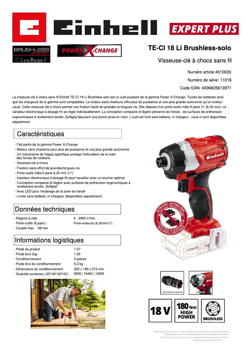 Page 1 of the manual Technical Sheet Einhell TP-CI 18 Li BL - Solo