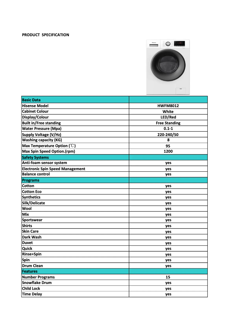Page 1 of the manual Technical Sheet Hisense HWFM8012