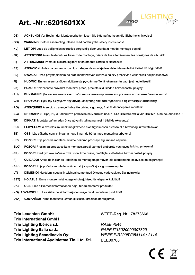 Page 1 of the manual User Manual Trio Lighting Trave 620160101
