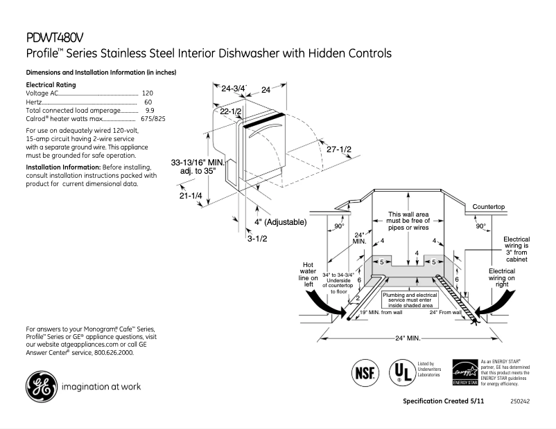 Page 1 of the manual Technical Sheet GE Profile PDWT480VSS