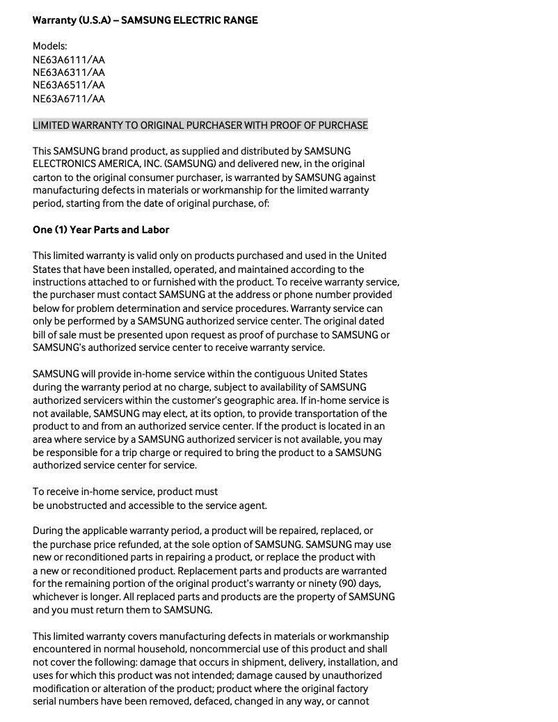 First page image of the manual for NE63A6511SS