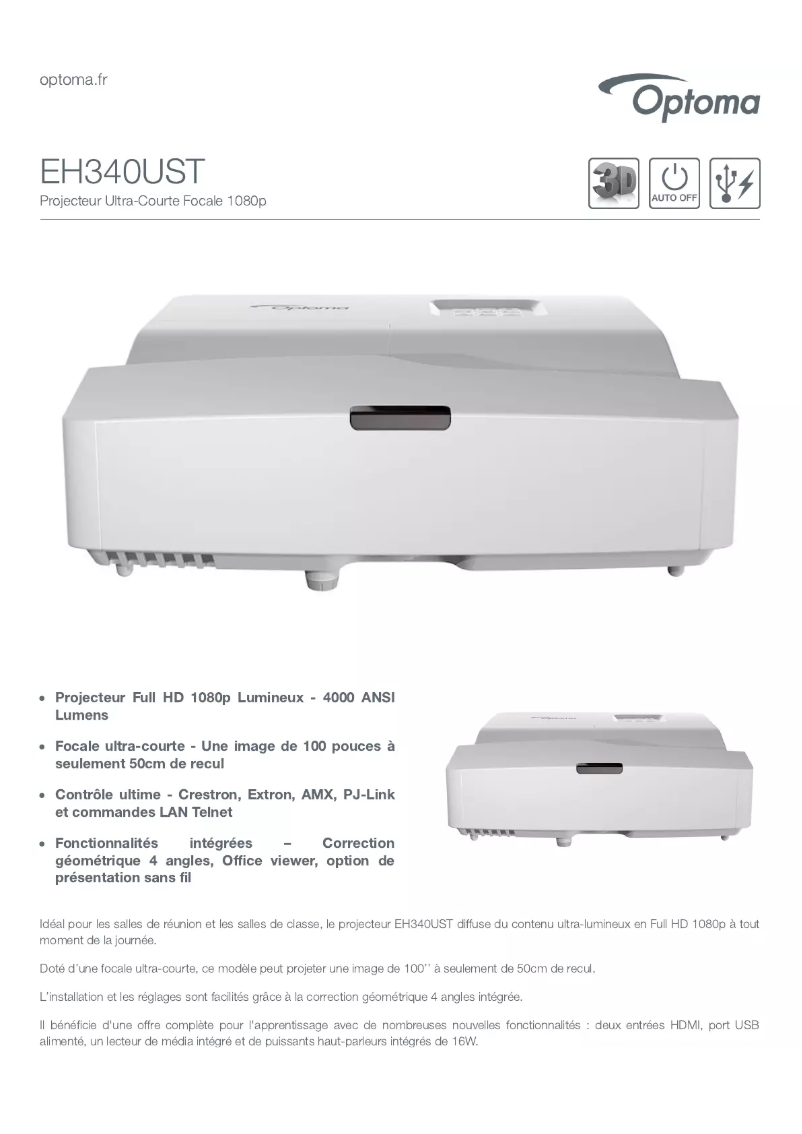 Page 1 of the manual Technical Sheet Optoma EH340UST