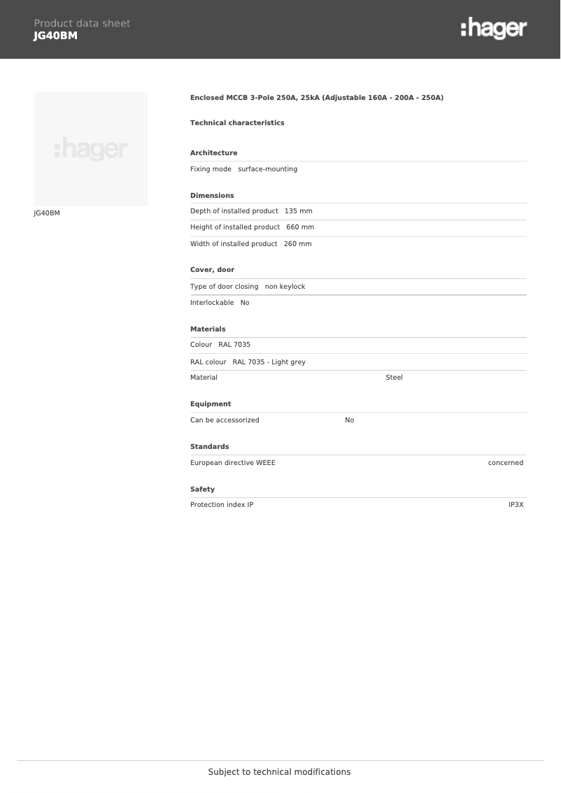 Page 1 of the manual Technical Sheet Hager JG40BM