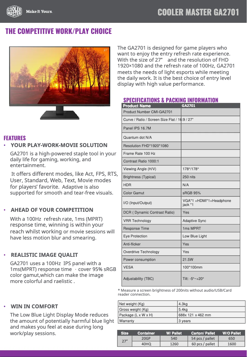 Page 1 of the manual Technical Sheet Cooler Master GA2701
