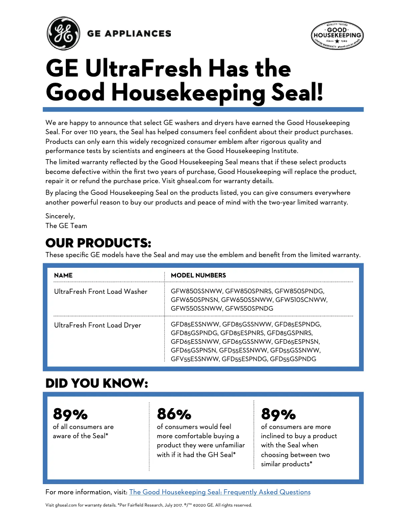 Page 1 of the manual Warranty Information GE GFW850SSNWW