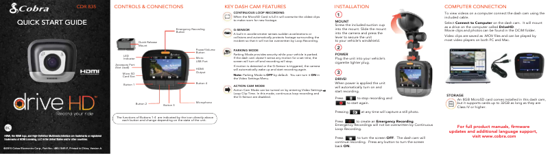 Page 1 of the manual Quick Start Guide Cobra CDR 835