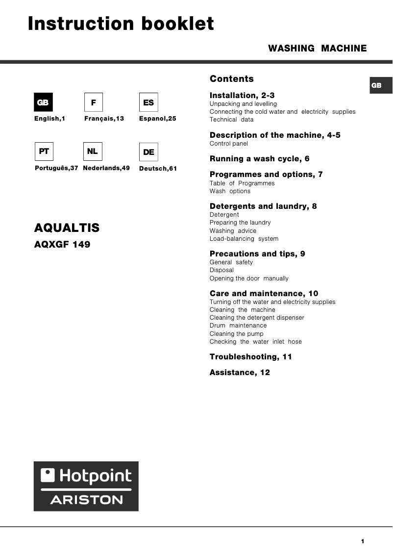 First page image of the manual for Aqualtis AQXGF 149