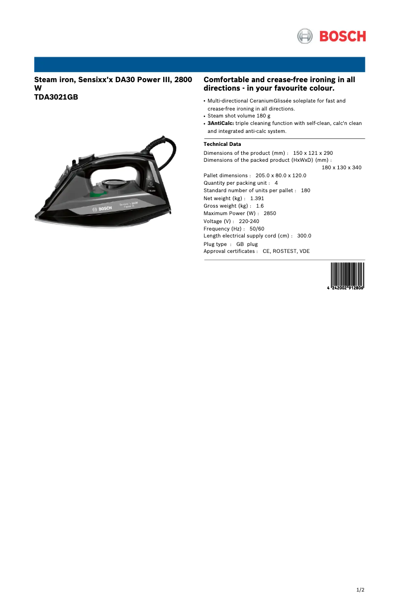 Page 1 of the manual Technical Sheet Bosch TDA3021GB