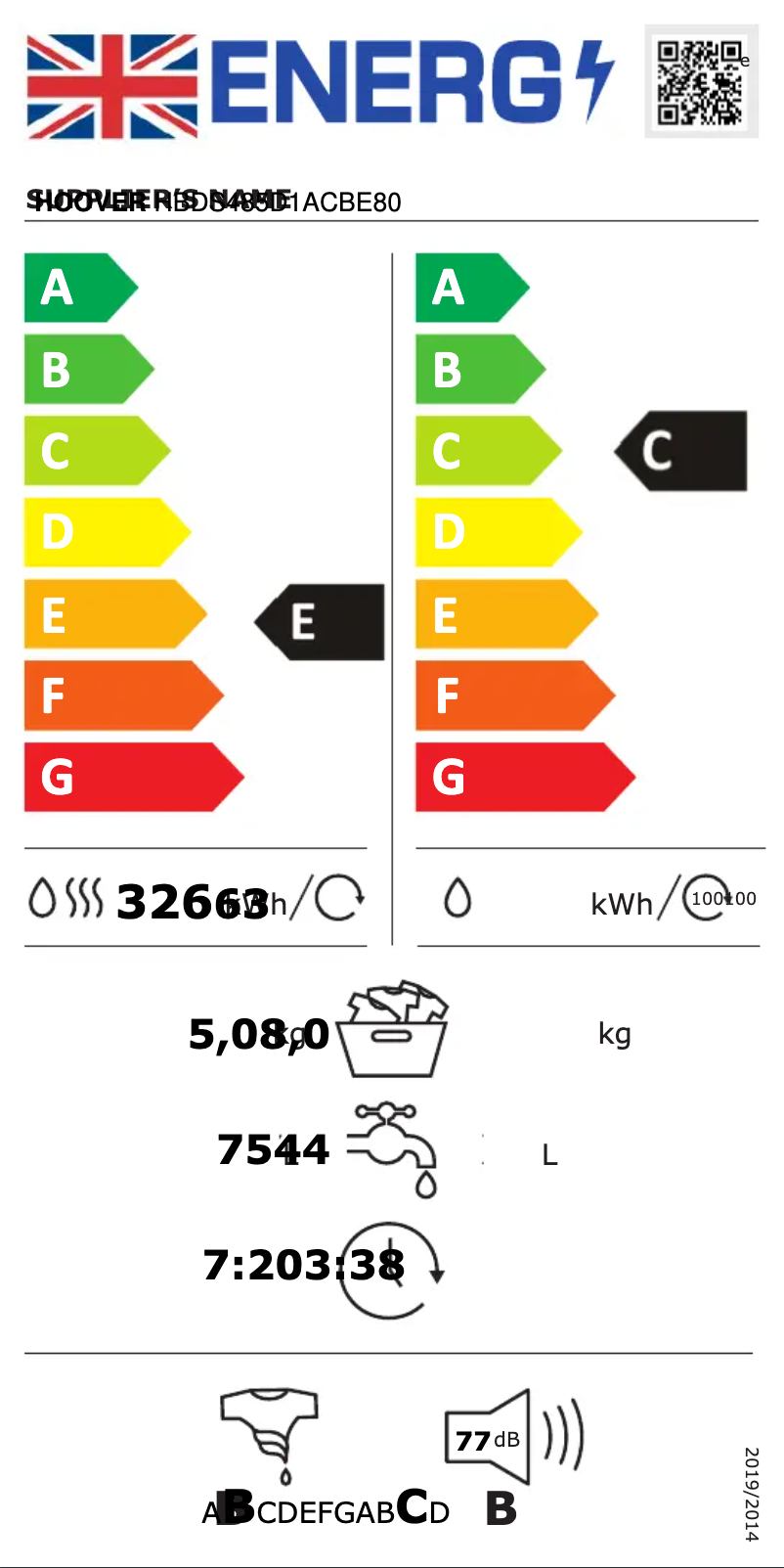 Page 1 of the manual Energy Label Hoover H-WASH 300 LITE HBDS485D1ACBE80