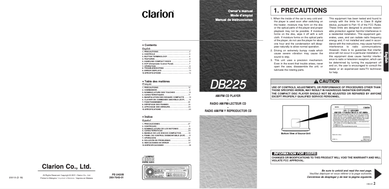 Page 1 of the manual User Manual Clarion DB255