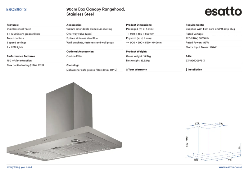 Page 1 of the manual Technical Sheet Esatto ERCB90TS