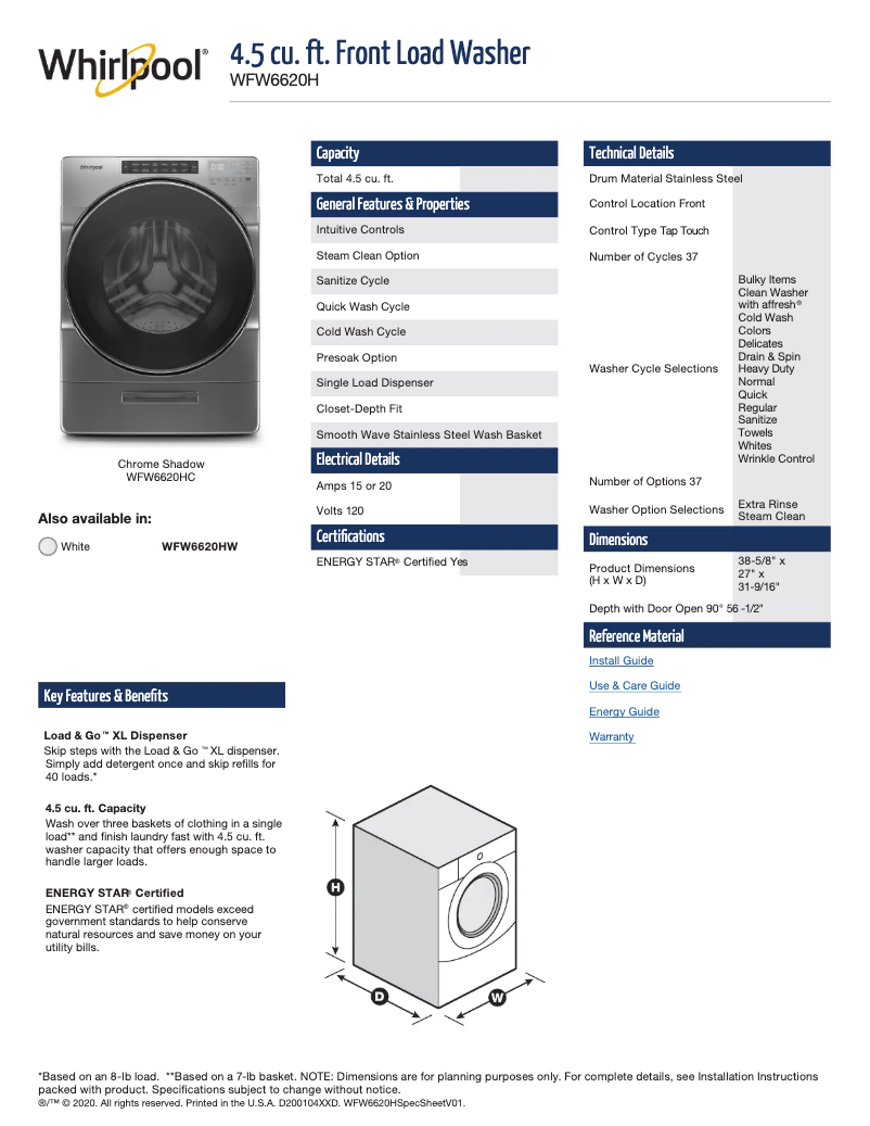 First page image of the manual for WHLAUWGD6620HC