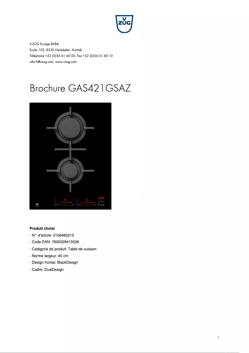 Page 1 of the manual Brochure V-Zug GAS421GSAZ