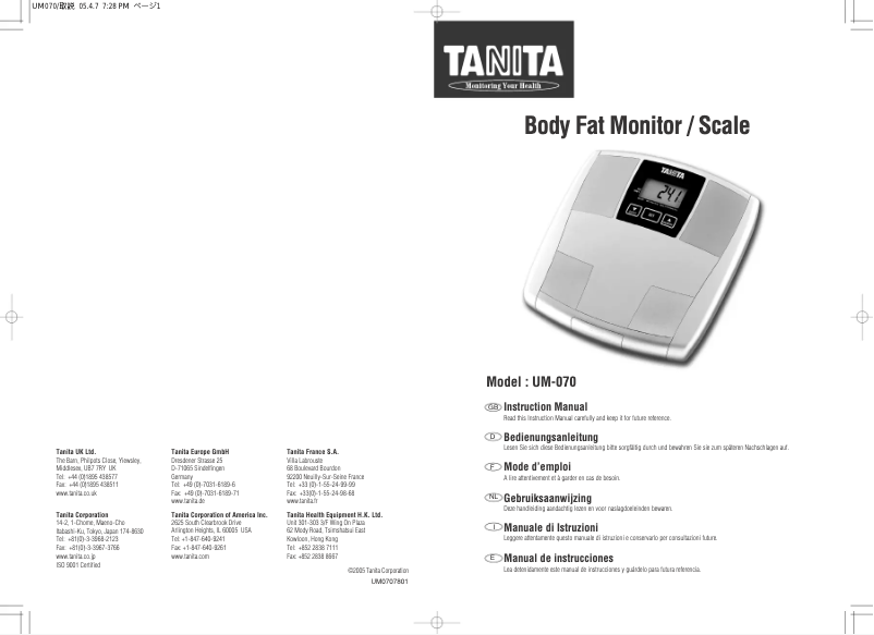 Page 1 of the manual User Manual Tanita UM-070