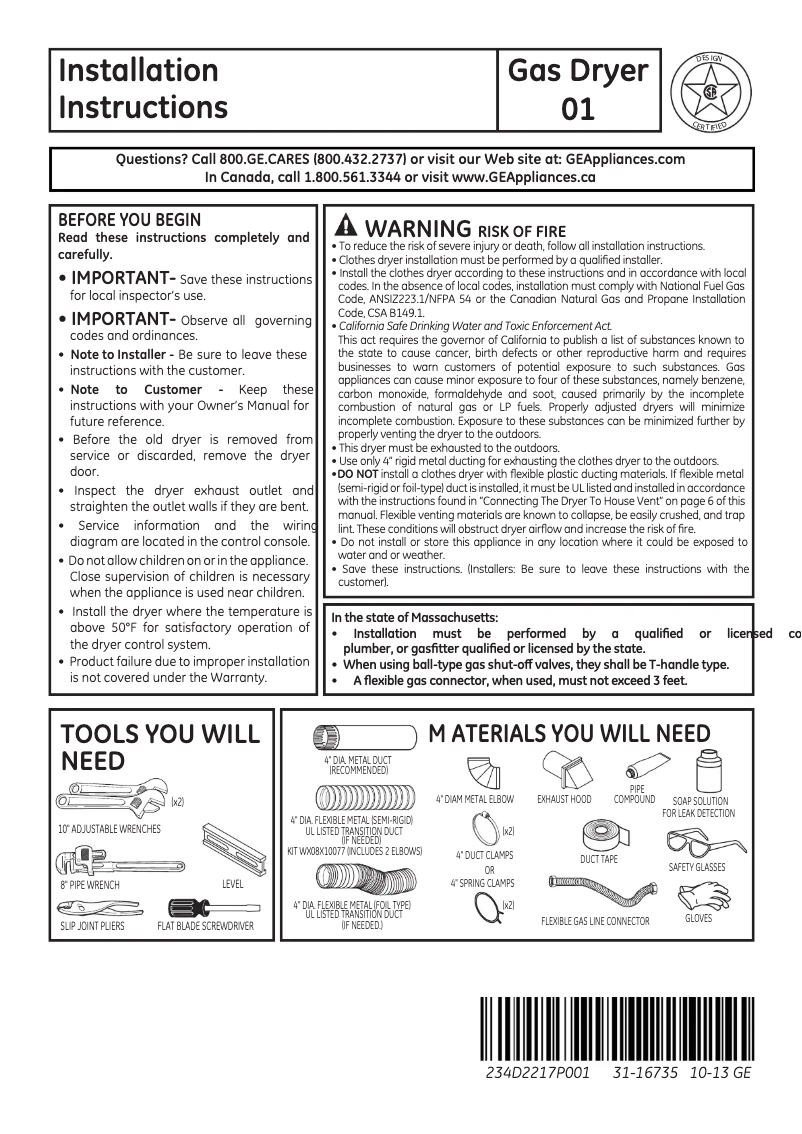 Page 1 of the manual Installation Guide GE GTDP200GFWS