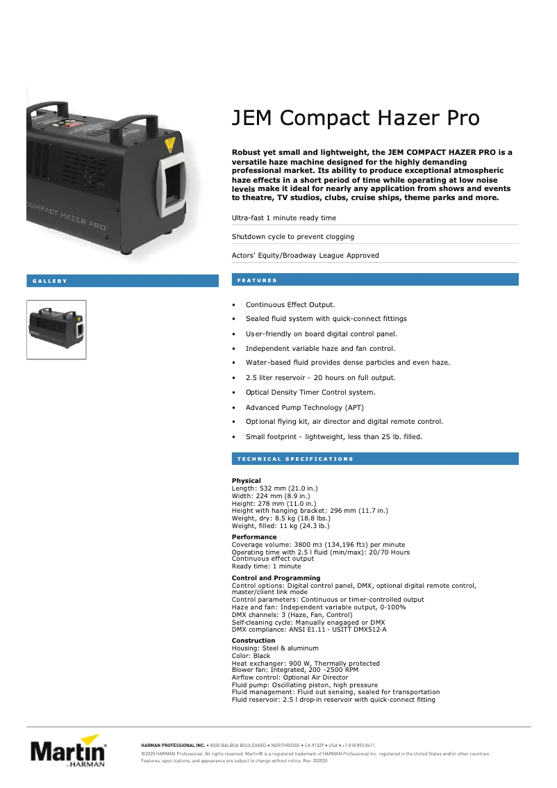Page 1 of the manual Technical Sheet Martin JEM Compact Hazer Pro