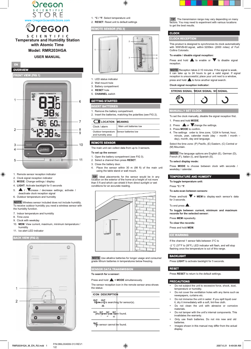 Page 1 of the manual User Manual Oregon Scientific RMR203HGA