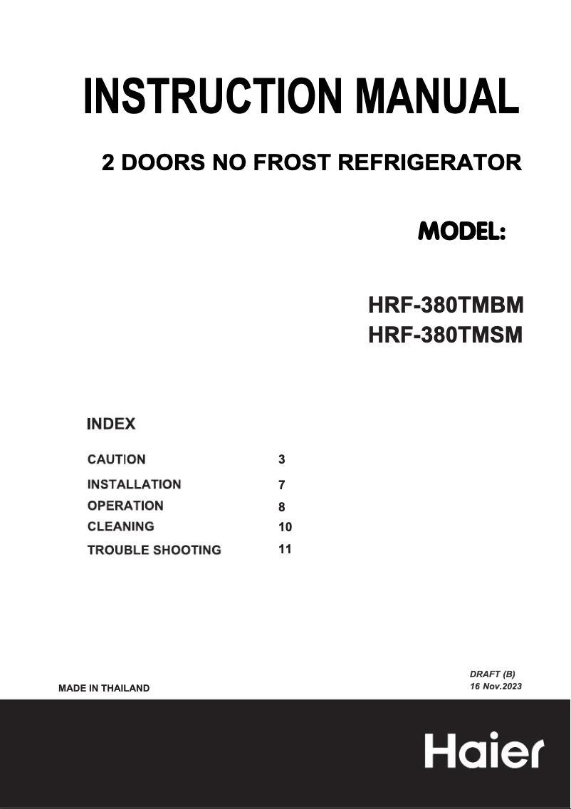 First page image of the manual for HRF-380TMBM