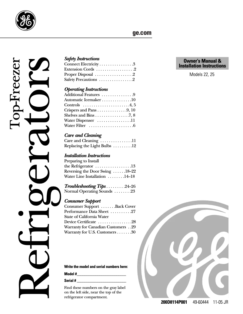 Page 1 of the manual User Manual GE STS22ICPWW