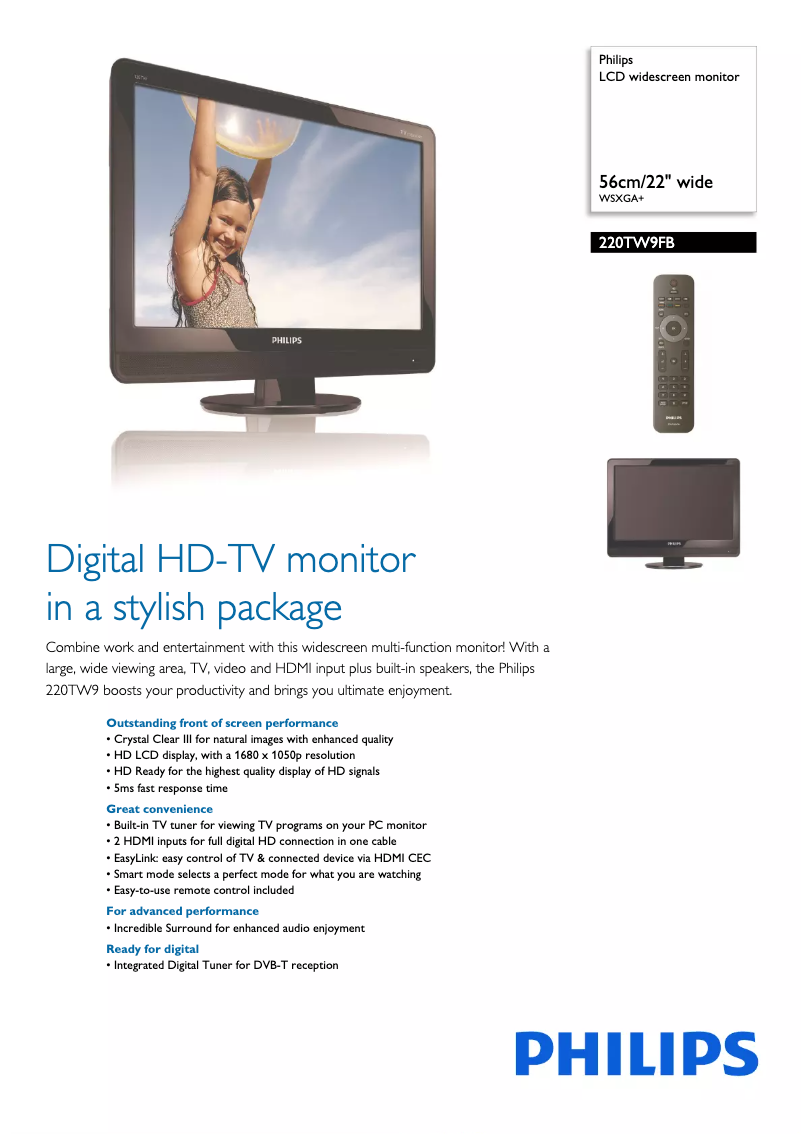 Page 1 of the manual Technical Sheet Philips 220TW9FB