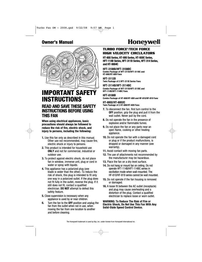 Page 1 of the manual User Manual Honeywell Turbo Force HT-900G