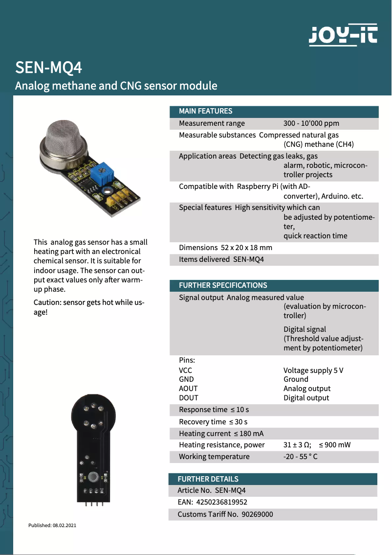 Page 1 of the manual Technical Sheet Joy-It SEN-MQ4