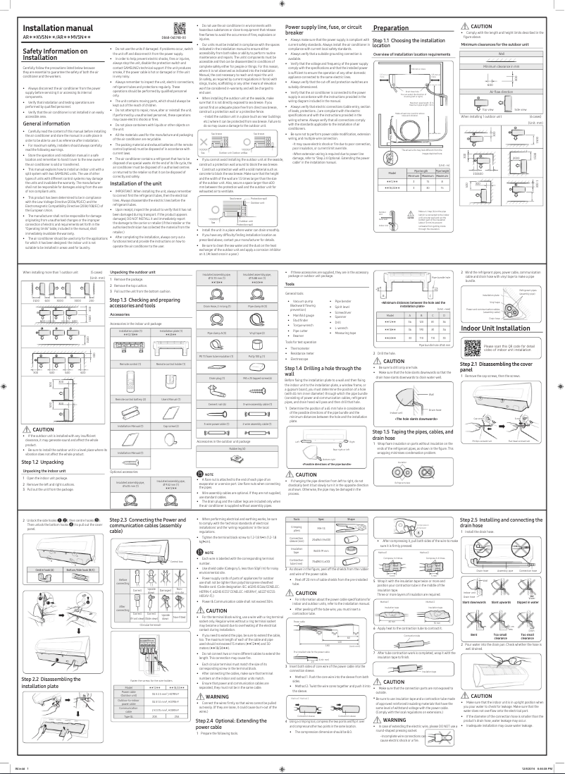 Page 1 of the manual Installation Guide Samsung AR18MV5NEWKNNA