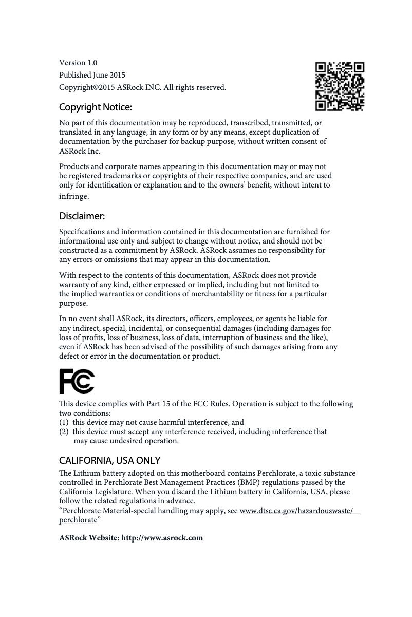 Page 1 de la notice Manuel utilisateur Asrock Q170M vPro