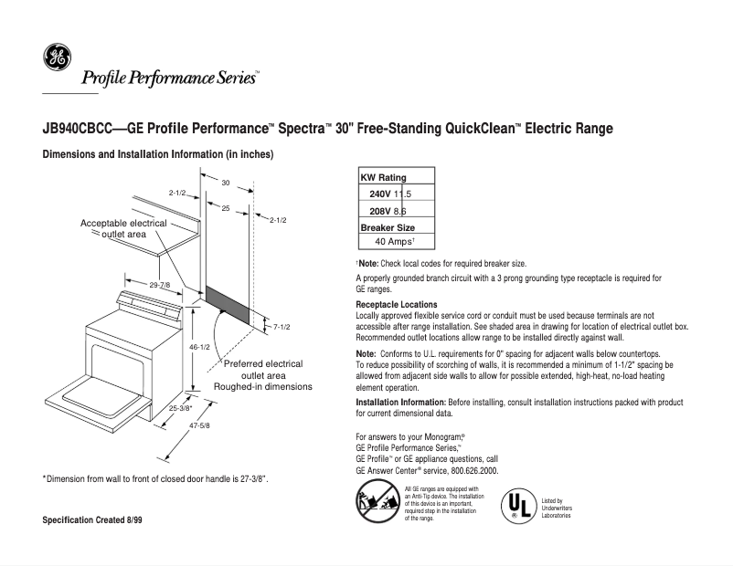 First page image of the manual for Profile Performance JB940CBCC