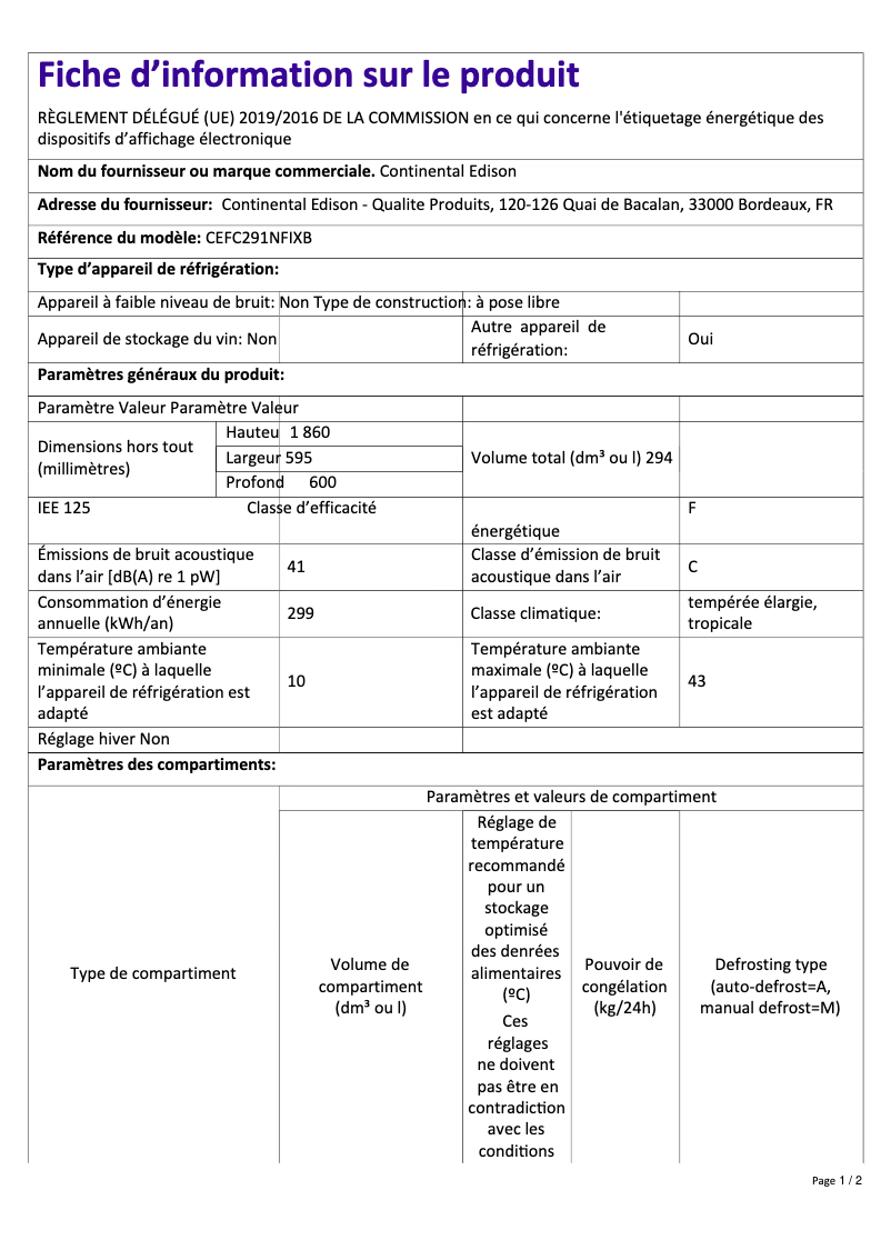 Page 1 of the manual Energy Label Continental Edison CEFC291NFIXB