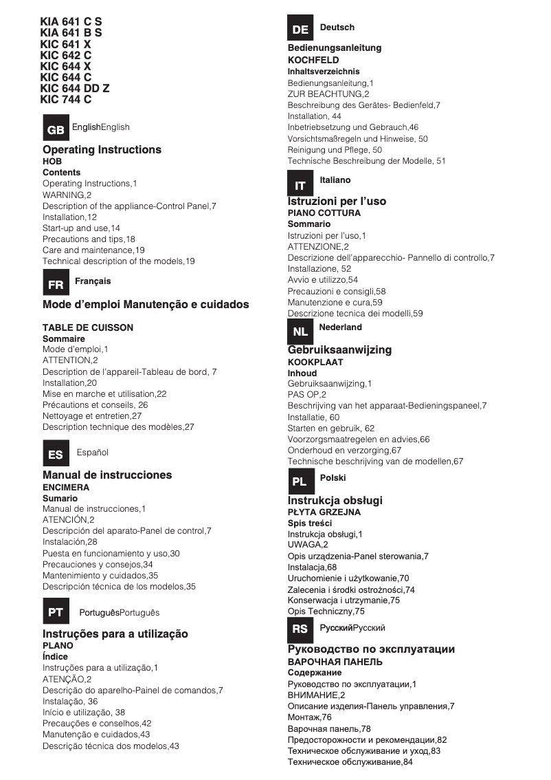 First page image of the manual for KIC 644 C