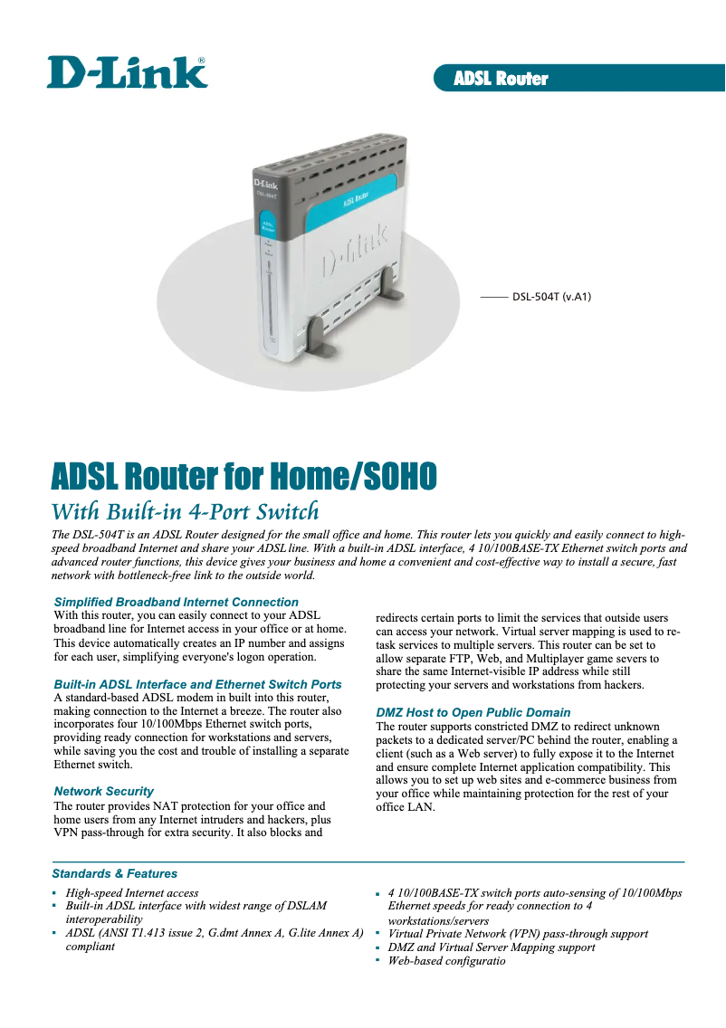 Page 1 of the manual Technical Sheet D-Link DSL-504T