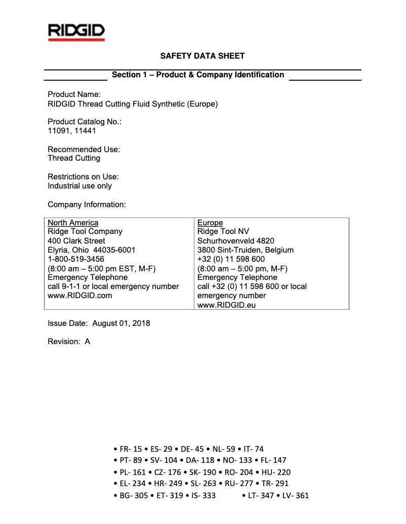 Page 1 of the manual Technical Sheet Ridgid 815A