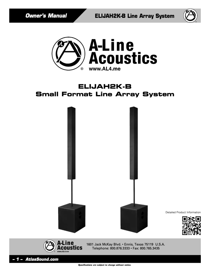 Page 1 of the manual User Manual Atlas Sound A-Line ELIJAH2K-B