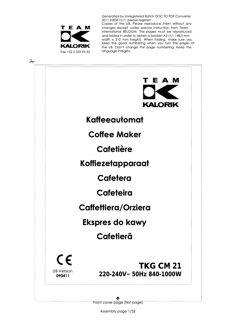 First page image of the manual for TKG CM 21